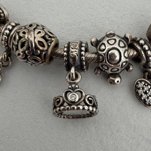 Pandora Silver Snake Charm Bracelet with Heart , Tiara, & Star - Picture 3 of 4